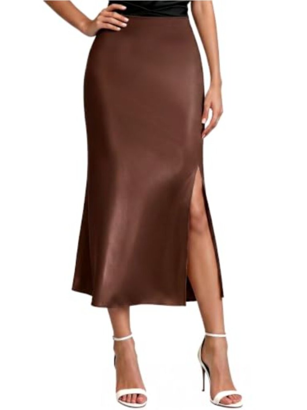 Women's Satin Midi Skirt High Waisted Side Slit with Lining